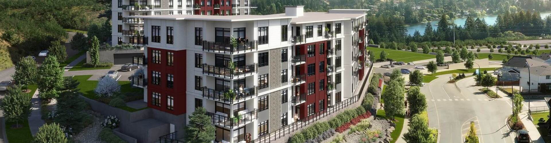condo building with trees and mountains
